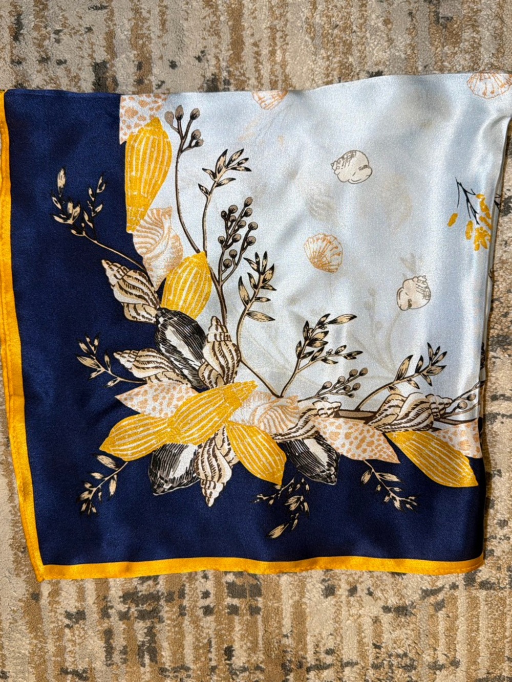 Silk Floral Print Scarf in Navy, Light Blue & Yellow